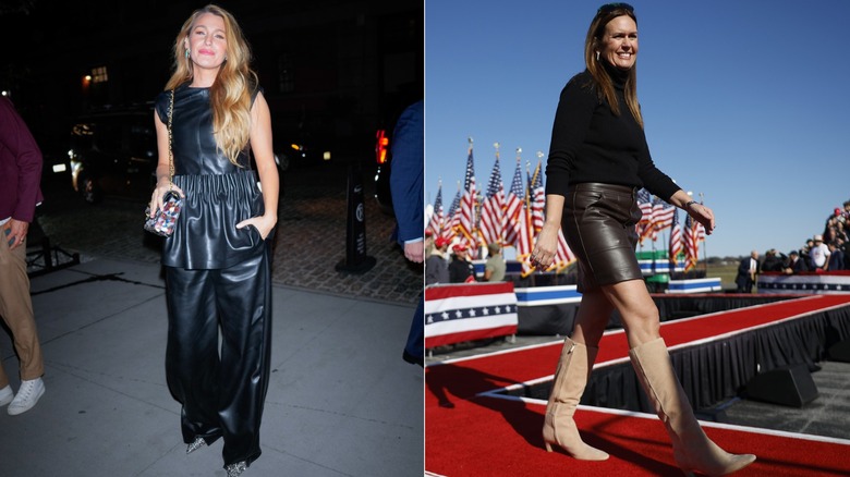 Side-by-side photos of Blake Lively and Sarah Huckabee Sanders in leather