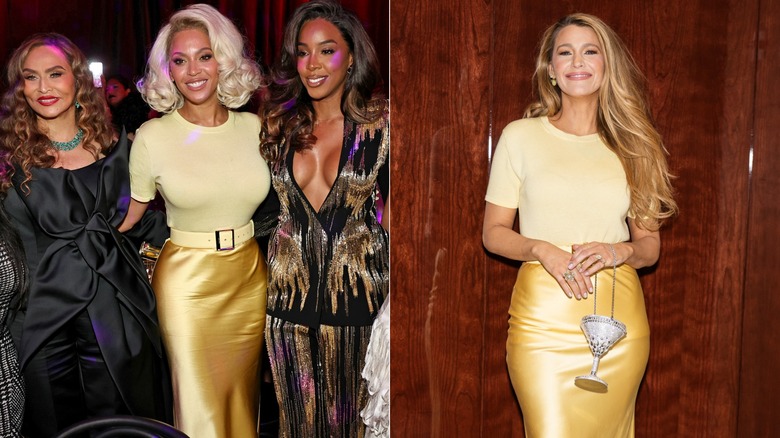 Split image of Beyonce and Blake Lively wearing the same yellow outfit
