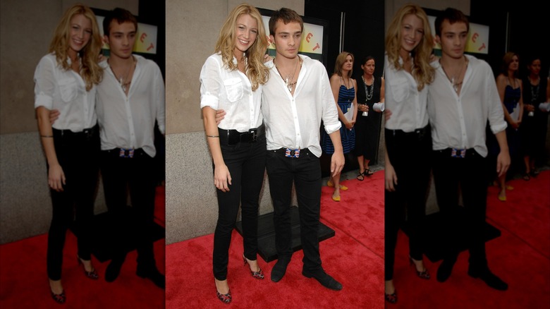 Blake Lively and Ed Westwick wearing similar outfits at the "Rocket Science" premiere