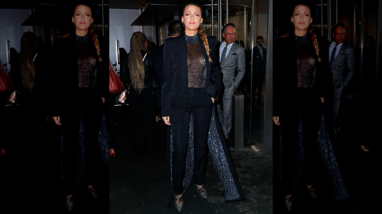 Blake Lively wearing a see-through shirt at the New York premiere of "A Simple Favor"