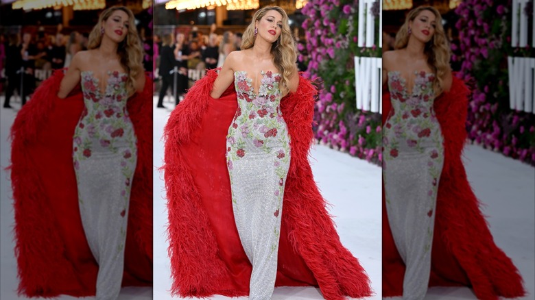 Blake Lively wearing a feather coat at the London premiere of "It Ends with Us"