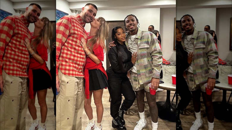 Travis Kelce, Taylor Swift, Chariah Gordon, and Mecole Hardman, Jr. smiling