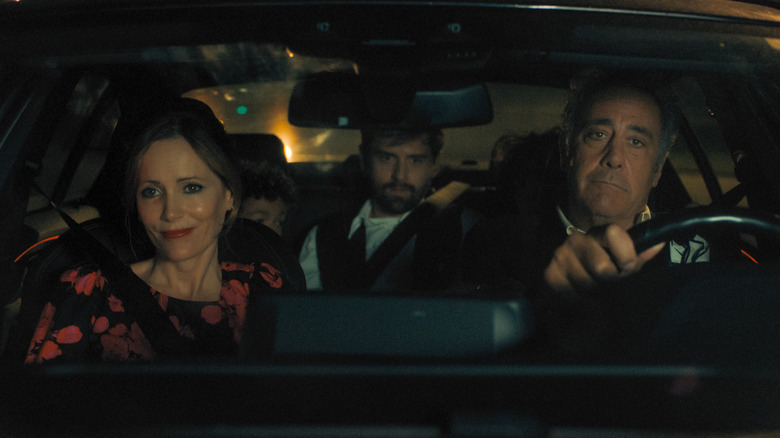 Leslie Mann, Cooper Raiff, and Brad Garrett sitting in car