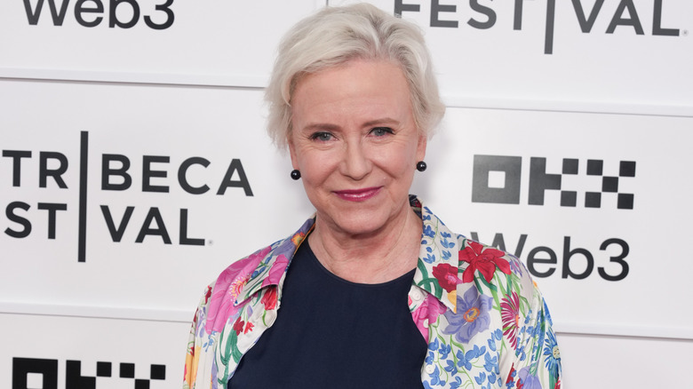 Eve Plumb posing in a flowered shirt at the Tribeca Film Festival