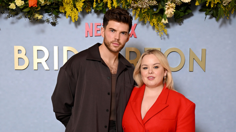 Nicola Coughlin and Luke Newton at a press event for "Bridgerton"