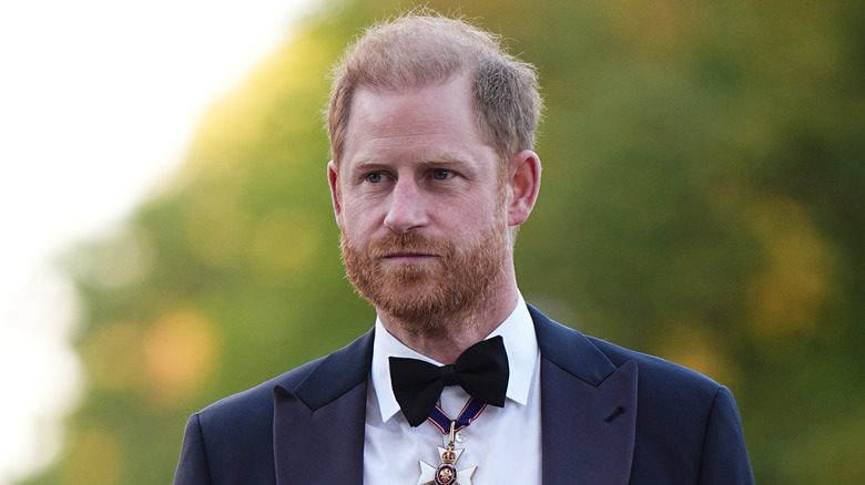 Prince Harry stands outside while wearing a suit with military badges