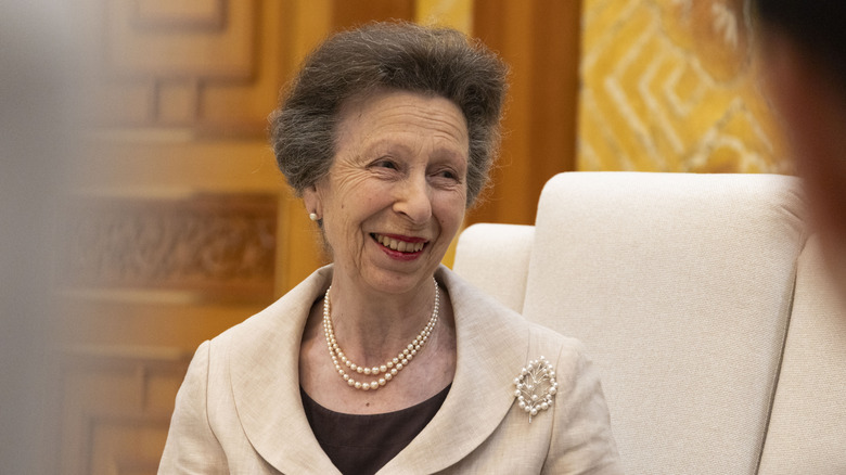 Princess Anne smiles as she talks to a group of people in an indoor setting