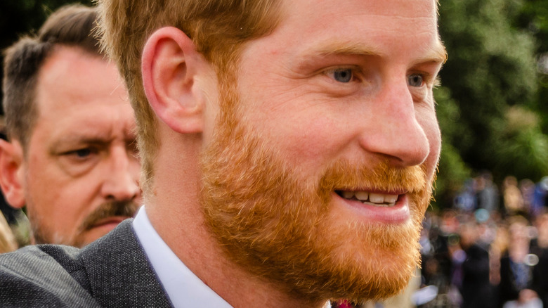 Prince Harry smiles while greeting onlookers
