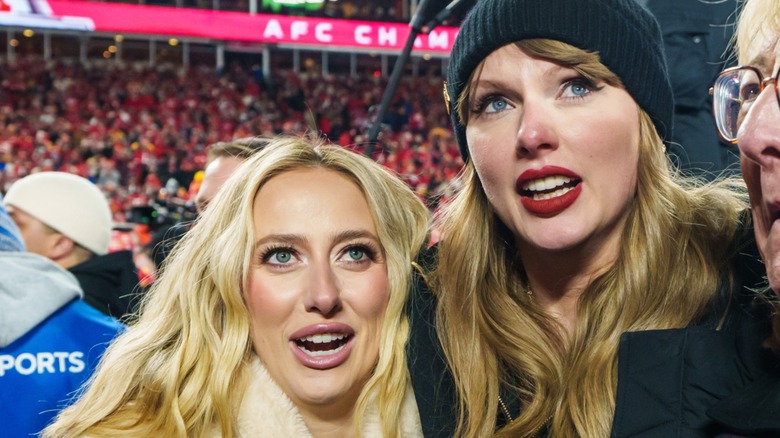 Brittany Mahomes and Taylor Swift watch the trophy presentation to the Kansas City Chiefs in Kansas City, MO (2025)