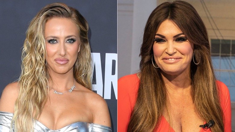 Split image of Brittany Mahomes and Kimberly Guilfoyle smiling