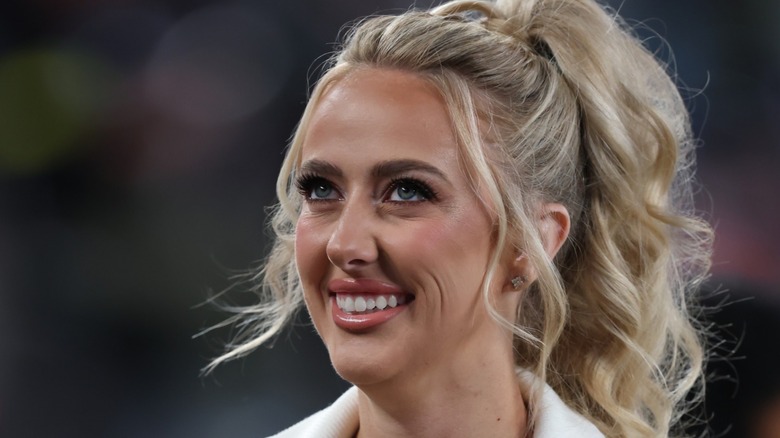 Brittany Mahomes smiling during a Kansas City Chiefs game at MetLife Stadium in East Rutherford, NJ (2025)