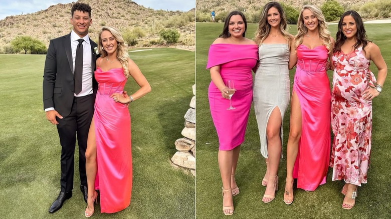 Brittany Mahomes wearing a pink dress while posing outdoors with Patrick Mahomes (L) and group of friends (R)