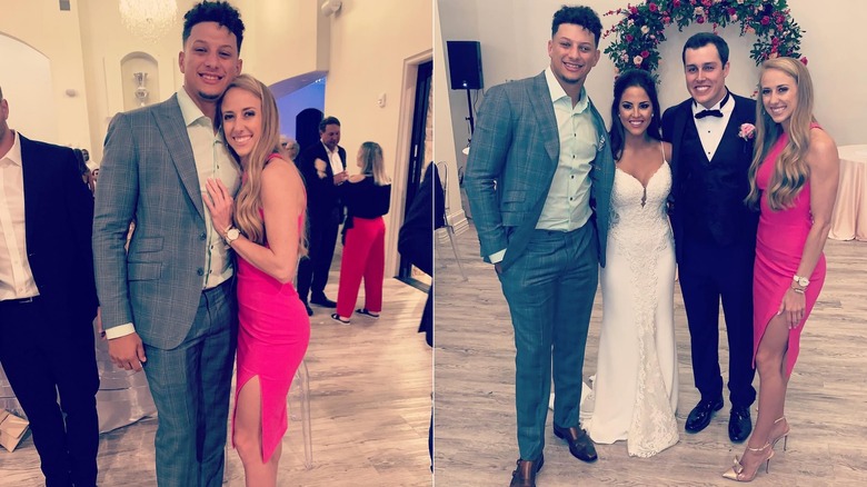 Split image of Brittany Mahomes wearing a hot pink dress while posing with Patrick Mahomes (L) and with a bridge and groom (R)