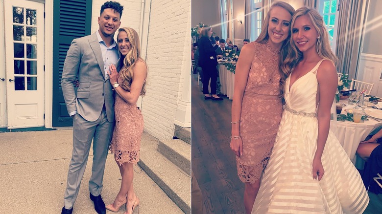 Split image of Brittany Mahomes wearing a pink dress while posing with Patrick Mahomes (L) and a bride (R)