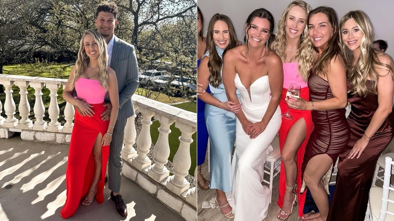 Split image of Brittany Mahomes wearing a pink while posing with Patrick Mahomes (L) and with a group of friends (R)