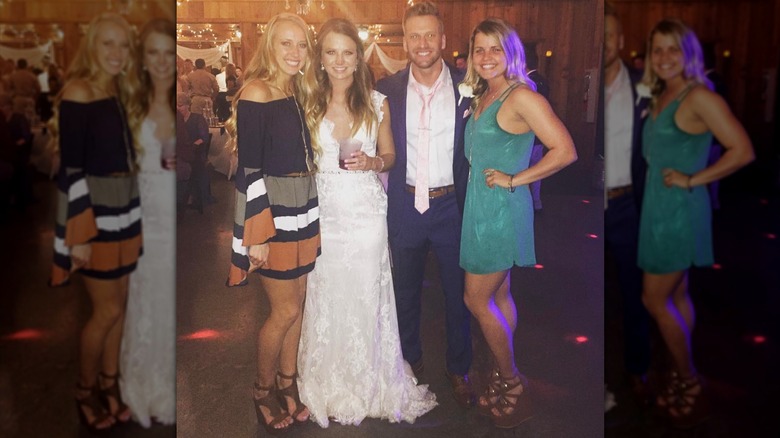Brittany Mahomes wearing a striped mini dress (L) and posing with a group of friends (R)
