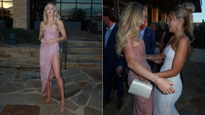 Split image of Brittany Mahomes posing in a pink dress (L) and greeting a bride (R)