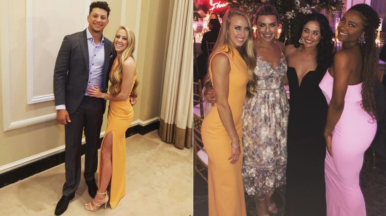 Split image of Brittany Mahomes wearing a yellow dress while posing with Patrick Mahomes (L) and a group of friends (R)