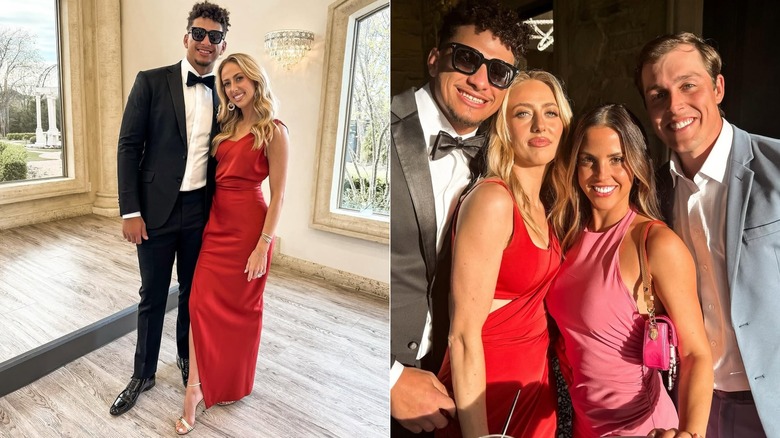 Split image of Brittany Mahomes wearing a red dress while posing with Patrick Mahomes (L) and two friends (R)