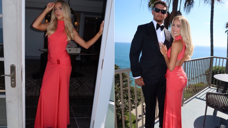 Split image of Brittany Mahomes wearing a coral dress (L) and posing on a balcony with Patrick Mahomes (R)