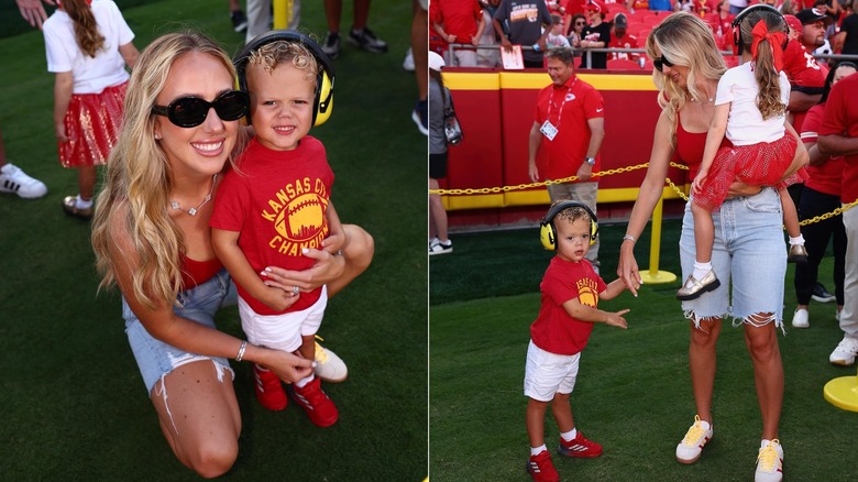 Two photos of Brittany Mahomes' with her kids Sterling and Bronze