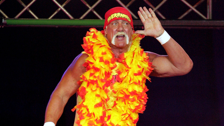 Hulk Hogan enters the stage prior to his bout against Ric Flair during the Hulkamania Tour at the Burswood Dome on November 24, 2009 in Perth, Australia.