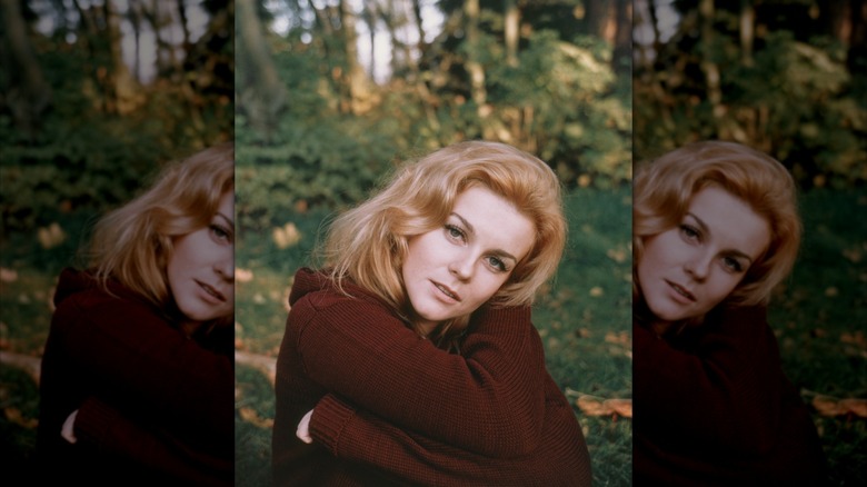 Young Ann-Margaret wearing a brown sweater outdoors near a group of trees