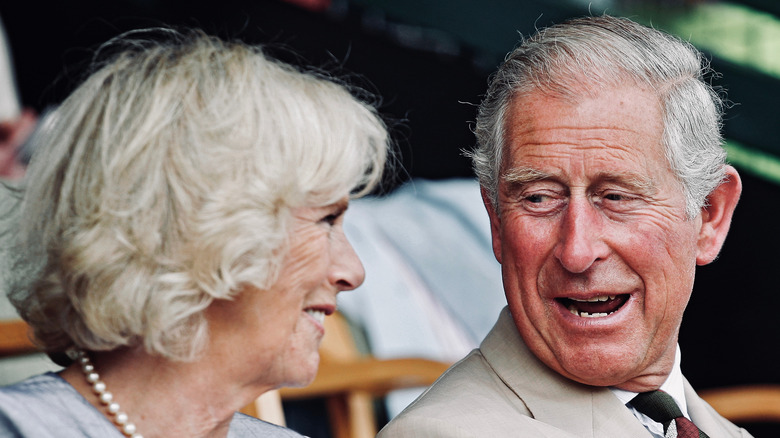 Prince Charles and Camilla Parker Bowles smiling at one another