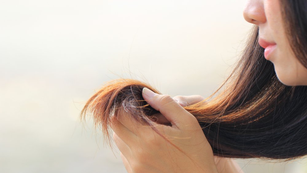 Woman with long hair handling split ends