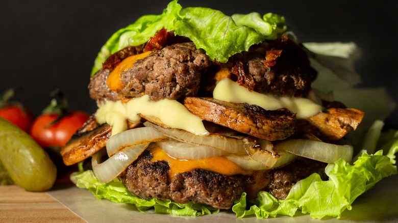 A burger with a lettuce bun