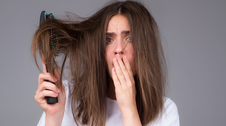 Hair tangled in brush