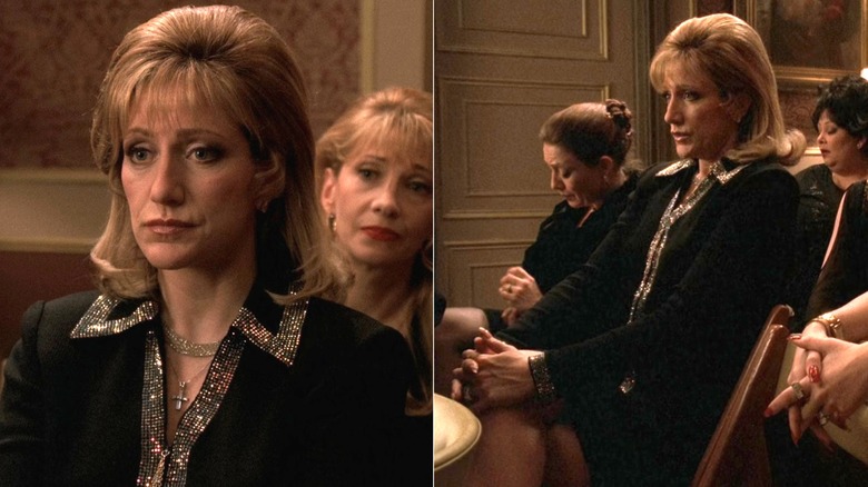 Carmela Soprano sitting at a funeral in black outfit