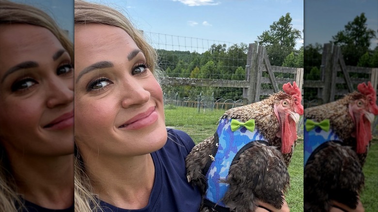 Carrie Underwood smiling while holding a chicken wearing a tiny bowtie.