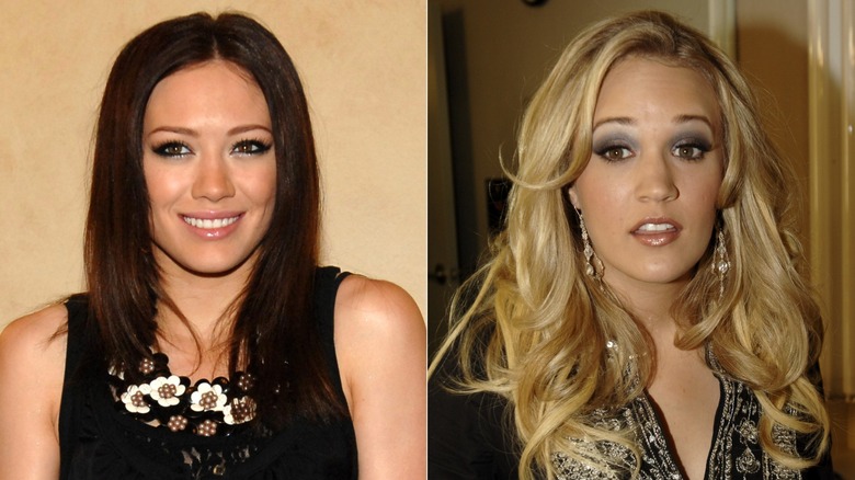 Split image of Hilary Duff during the photocall for her album "Dignity"/Carrie Underwood in "American Idol" season 4