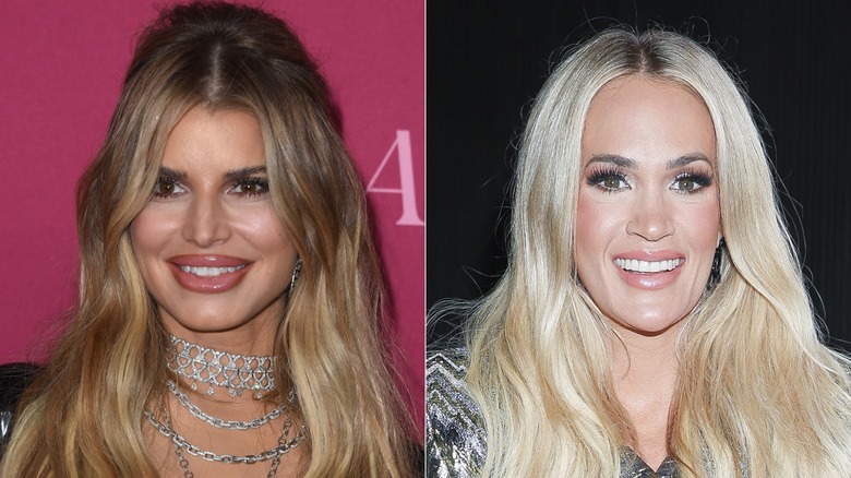 Split image of Jessica Simpson attending the premiere of "All's Fair" in 2025/Carrie Underwood photographed at "The Drew Barrymore Show"