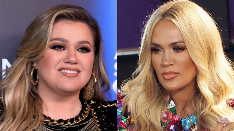 Split image of Kelly Clarkson at the American Song Contest Week in 2022/Carrie Underwood at the GMA concert in 2024