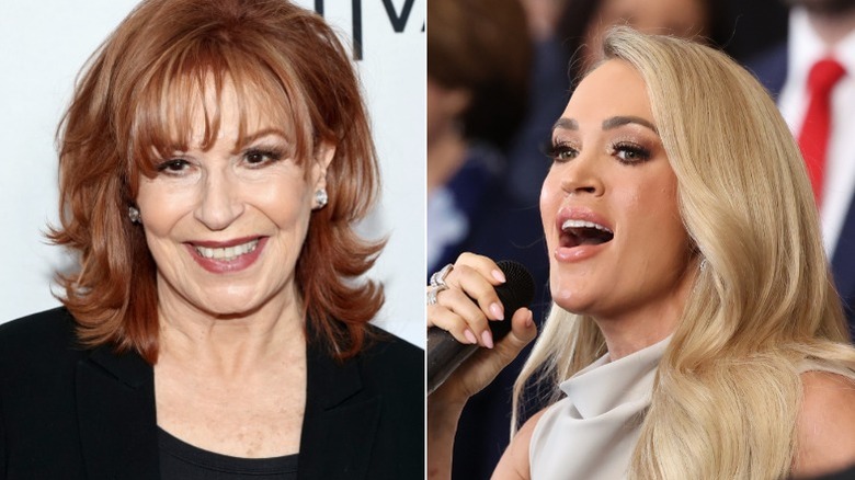 Split image of Joy Behar at the "Barbara Walters: Tell Me Everything" premiere in 2025/Carrie Underwood performing at the second inauguration of Donald Trump