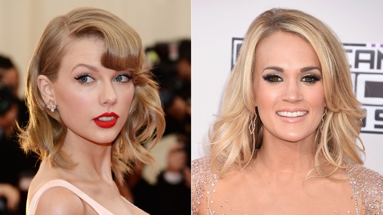 Split image of Taylor Swift at the 2014 Met Gala/Carrie Underwood at the 2015 AMAs