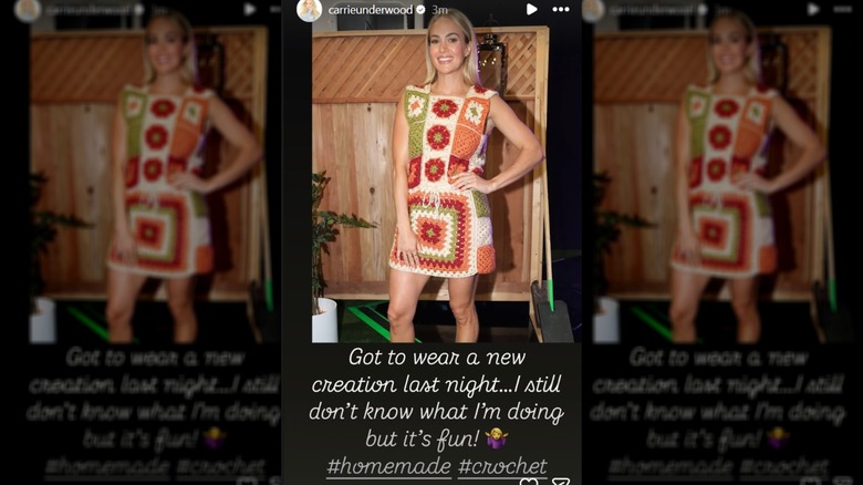 Carrie Underwood posing in crocheted dress