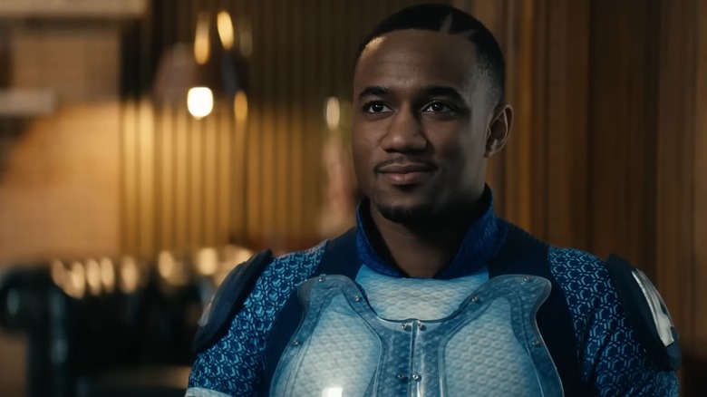 Jessie T. Usher wearing a blue super-suit, in costume as A-Train on The Boys