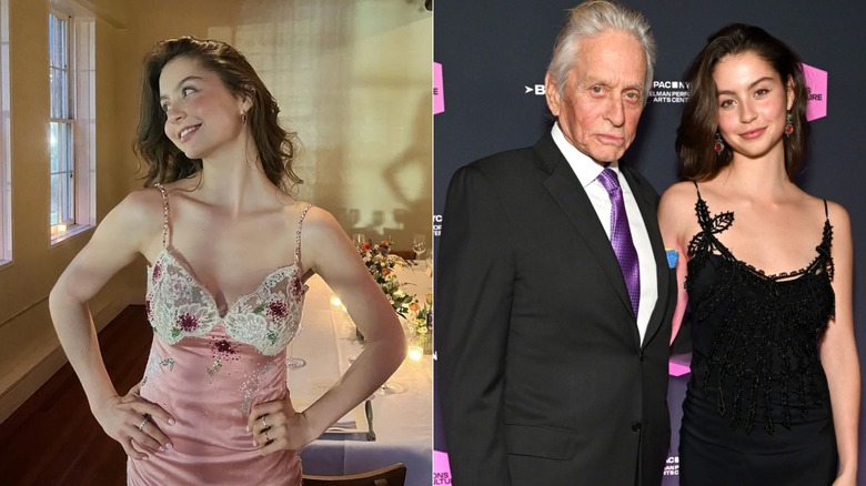 Split image of Carys Zeta Douglas in a pink dress and posing beside her dad in a black dress.