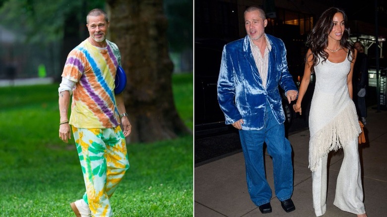 Split image of Brad Pitt wearing tie-dye outfit and holding hands with Ines de Ramon while wearing blue velvet blazer