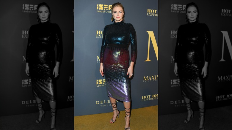Kate Upton in a multi-colored sequined dress while pregnant
