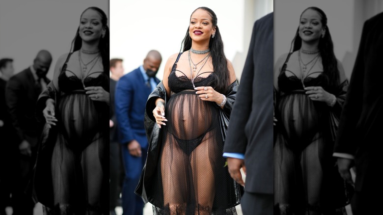 Rihanna in a sheer babydoll dress during her pregnancy