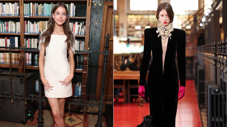 Split image of Faith Margaret Kidman Urban wearing a white dress and Sunday Rose Kidman Urban walking the runway in a black gown