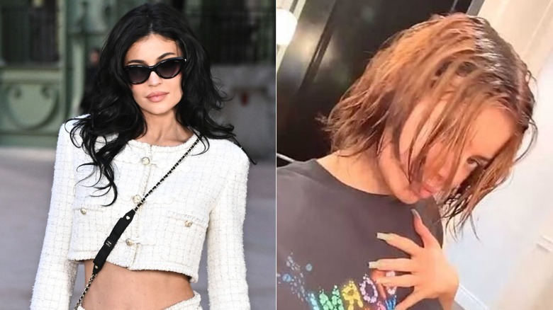 Kylie Jenner wearing black extensions vs natural short hair