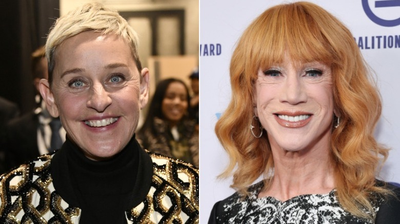A split image of Kathy Griffin and Ellen DeGeneres smiling