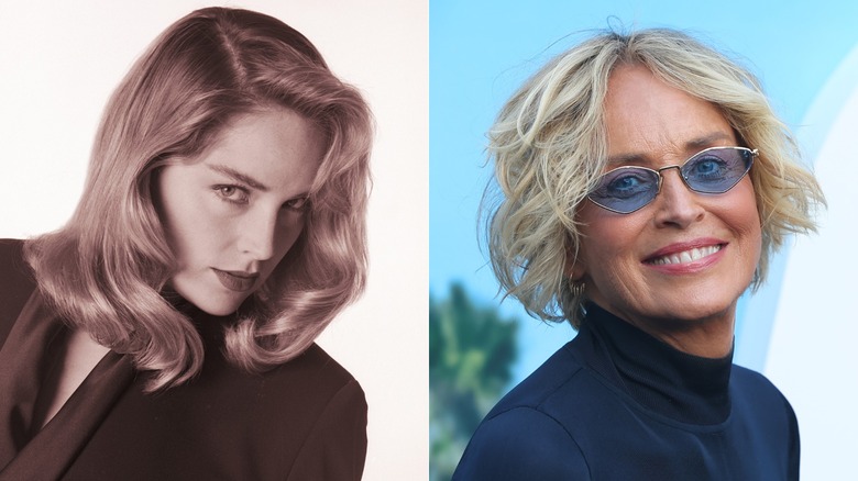 Sharon Stone in 1980 with long hair, left, and Stone today, right