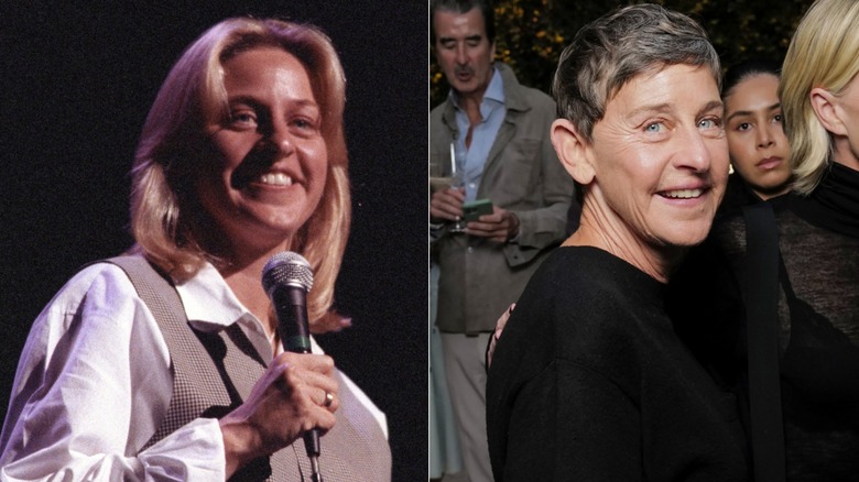 Ellen DeGeneres with long hair, left, and DeGeneres today, right