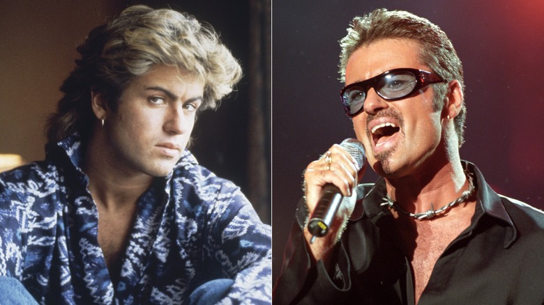 George Michael with long hair, left, and Michael later, right